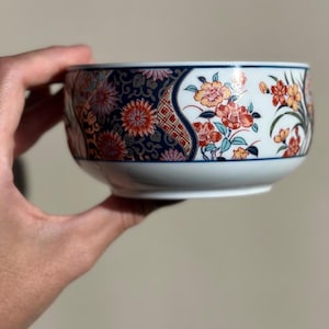 Vintage Japanese Kinshobai Porcelain Bowl | Hand Painted Gold Imari Style | Chrysanthemum Floral | Blue Red White Asian Ceramic Rice Bowl