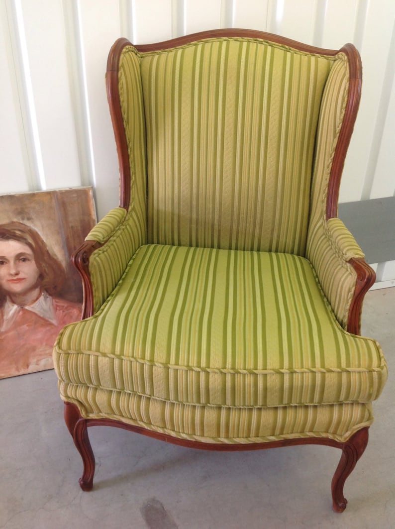 WING CHAIR Vintage French Bergere Carved Wood FrameLegs Original Green Striped Upholstery Traditional Style Great Condition