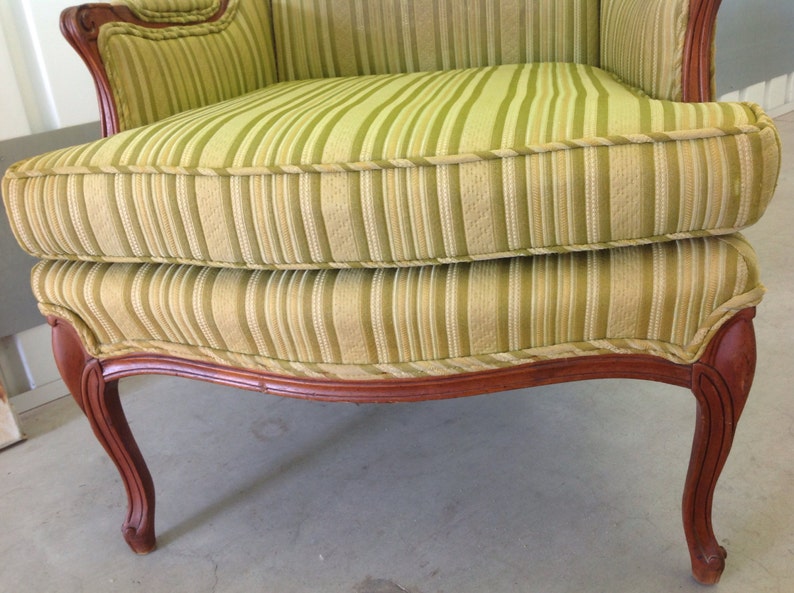 WING CHAIR Vintage French Bergere Carved Wood FrameLegs Original Green Striped Upholstery Traditional Style Great Condition