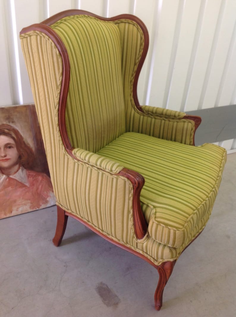 WING CHAIR Vintage French Bergere Carved Wood FrameLegs Original Green Striped Upholstery Traditional Style Great Condition