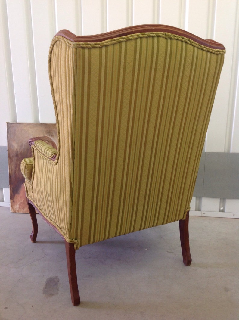 WING CHAIR Vintage French Bergere Carved Wood FrameLegs Original Green Striped Upholstery Traditional Style Great Condition