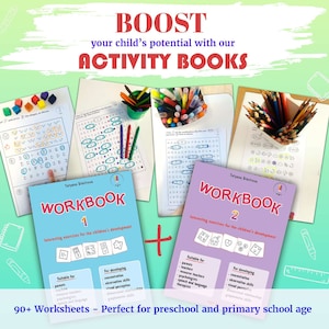 May include: Three colorful workbooks with the title "WORKBOOK" and numbers 1 and 2. The workbooks are on a green background with colorful pencils and markers. The text "90+ Worksheets - Perfect for preschool and primary school age" is at the bottom of the image.