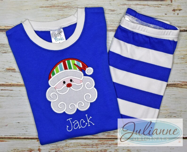 Christmas Pjs Julianne Originals PRIMARY SANTA Blue Monogram Pajamas Christmas Tree Personalized Pajamas