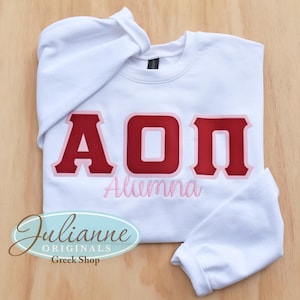 Alpha Omicron Pi Alumna, AOPi,  Sorority Sweatshirt, Sorority Gift,  AOPi Letter Sweatshirt, Alpha Omicron Pi Alumna, Sewn Letters