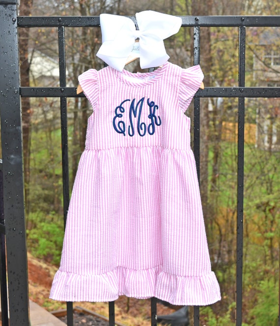 Monogram Dress Pink Seersucker Stripe Custom Monogram Dress 