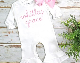 Baby Girl Coming Home Outfit, Monogrammed Romper, Personalized Baby Gift, Monogrammed Sleeper, Newborn Pictures, Bow NOT Included