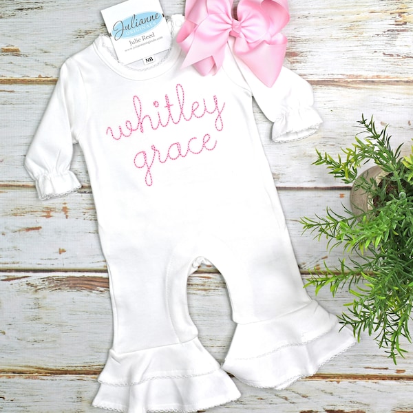 Baby Girl Coming Home Outfit, Monogrammed Romper, Personalized Baby Gift, Monogrammed Sleeper, Newborn Pictures, Bow NOT Included