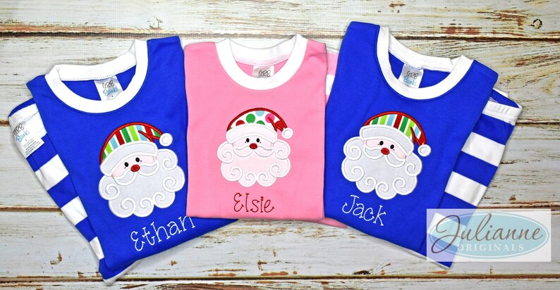 Christmas Pjs Julianne Originals PRIMARY SANTA Blue Monogram Pajamas Christmas Tree Personalized Pajamas