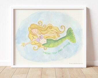 Mermaid wall art, watercolor painting, mermaids, be yourself, you do you, self love, beach house decor, wall art for kids, summer decor