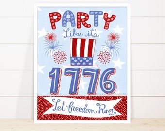 Fourth of July art print, spirit of 1776, Independence Day decor, classroom decor, back porch decor, 4th of July party decor, hostess gift