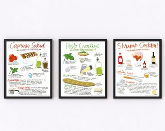 Set of 3 illustrated appetizer recipe wall art prints, caprese salad, pesto crostini, shrimp cocktail, summer entertaining, Mothers Day gift