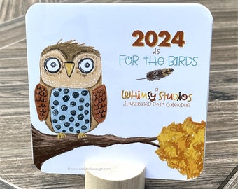 2024 Illustrated Desk Calendar, Desktop Calendar with wooden stand, Bird Lovers Calendar, Gift for Birders, Nature Lovers Gift