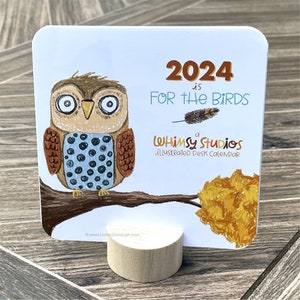 2024 Illustrated Desk Calendar, Desktop Calendar with wooden stand, Bird Lovers Calendar, Gift for Birders, Nature Lovers Gift