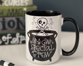 Witches brew mug, Halloween mug, Halloween coffee cup, 15 oz. mug, black and white mug, witches cauldron, my own special brew, magic, hexy