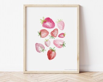 Strawberries painting, berries illustration, kitchen decor, nursery decor, girls room wall art, summer gift, summer decor, guest room art