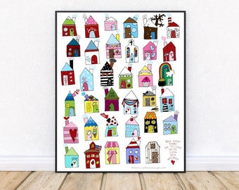 little houses wall art, home sweet home wall art, housewarming gift, there's no place like home wall art, gift for neighbor, new home gift