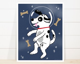 Space dog wall art, kids room or nursery art print, astronaut doggy, space themed kids room decor, dogs in space, STEM classroom wall art
