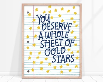 Teacher gift Gold Stars wall art, grad gift, notebook paper illustration, good job gift, encouragement gift, thank you gift, classroom decor