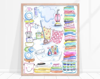 whistle while you work spring cleaning wall art, anthropomorphic household chores, tidy up art, kitchen wall art, laundry room wall art,