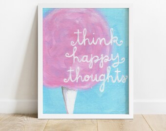 Cotton candy painting wall art, Think happy thoughts, be happy wall art, encouragement gift, get well gift, guest room decor, art for kids