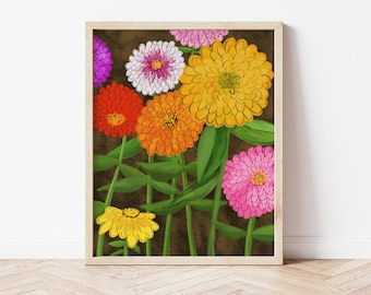 Zinnias print, botanical wall art, garden illustration, spring wall art, summer decor, sun porch decor, Mother's Day gift, gift for gardner