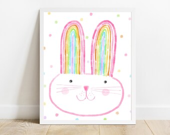 Rainbow bunny wall art, Easter decor, nursery wall art, Easter bunny art print, childrens room wall decor, silly rabbit illustration,kid art