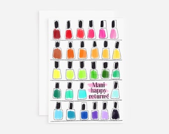 Punny birthday card, mani happy returns illustrated greeting