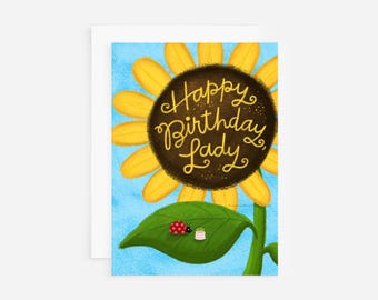 birthday card for her, illustrated greeting, sunflower and ladybug