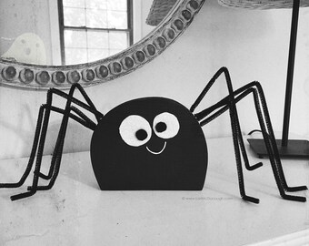 Friendly Spider Halloween decor, handmade cute spider shelf sitter, pipe cleaner legs, happy spider Halloween decor, fun for kids decor, boo