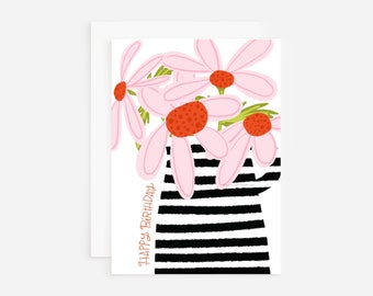 Happy Birthday card, floral birthday greeting card, HBD card, modern floral card, pink flowers card, greeting card for her, funky bday card