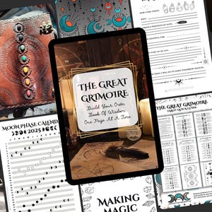 May include: A collection of mystical and spiritual items, including a leather-bound journal with colorful stones, a moon phase calendar, and a tablet displaying "The Great Grimoire" text. The image has a dark, magical theme.