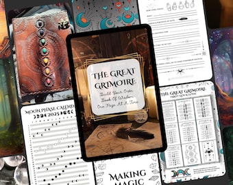 The Great Grimoire Printable Starter Pack | Witch Journal Pages | Wheel of the Year | Moon Phases | Oracle Card Journal | Crystal Grid Guide