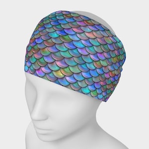 Banda para el cabello/calentador de cuello: diadema estilo polaina para el cuello con diseño de sirena arcoíris