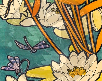 Art Nouveau Waterlilies Square Scarf Furoshiki Gift Wrap