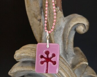 Rose Pink Flower Carved Glass Pendant - FREE SHIPPING!