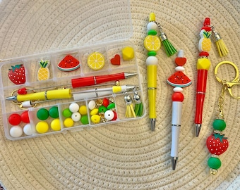 Summer Fruit Beadable Pen Craft Kit |  DIY Pen Kit | Lemon Strawberry Watermelon Pineapple Silicone Beads |  DIY Beaded Pens