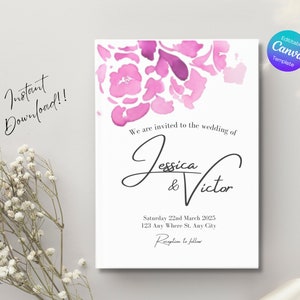 Elegant Pink Watercolor Floral Wedding Invitation | Customizable Template | Printable Wedding Stationery | Editable Digital Download