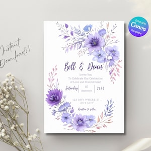 Elegant Lavender Purple Floral Wedding Invitation Template | Editable Canva Template and Printable Boho Watercolor Design