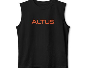 ALTUS Muscle Tank | Minimal Logo Athletic Tank, Orange Text on Black
