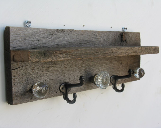 Antique Barnwood Coat Rack and Shelf With Glass Door Knobs and Drawer