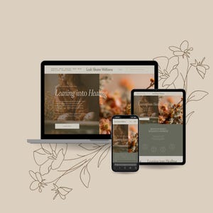 May include: A laptop, tablet, and smartphone display a website with the text "Leah Sloane Wellness" and "Leaning into Healing." The devices are arranged on a beige background with floral line art.