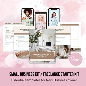 Kit voor kleine bedrijven | Freelance starterspakket | Checklist voor bedrijfslancering | Canva-sjablonen voor facturen en visitekaartjes | Online werkplanner