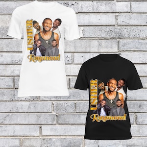 Può includere: Due t-shirt con un collage di immagini di Usher Raymond. La t-shirt bianca ha testo nero che dice "Usher Raymond". La t-shirt nera ha testo bianco che dice "Usher Raymond".