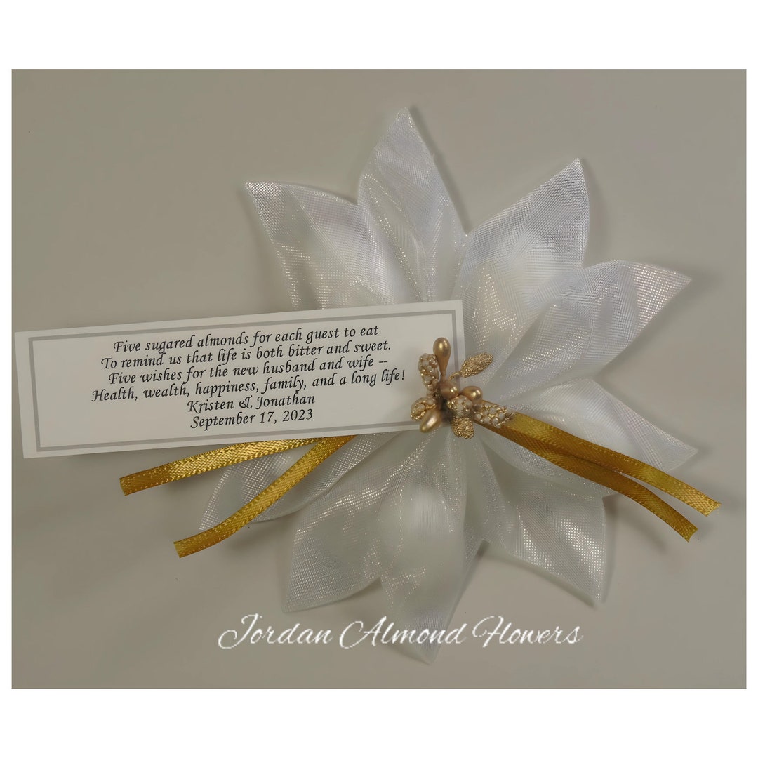 25 White Jordan Almond Ribbon Flower Favors With Gold Berry Accent and
