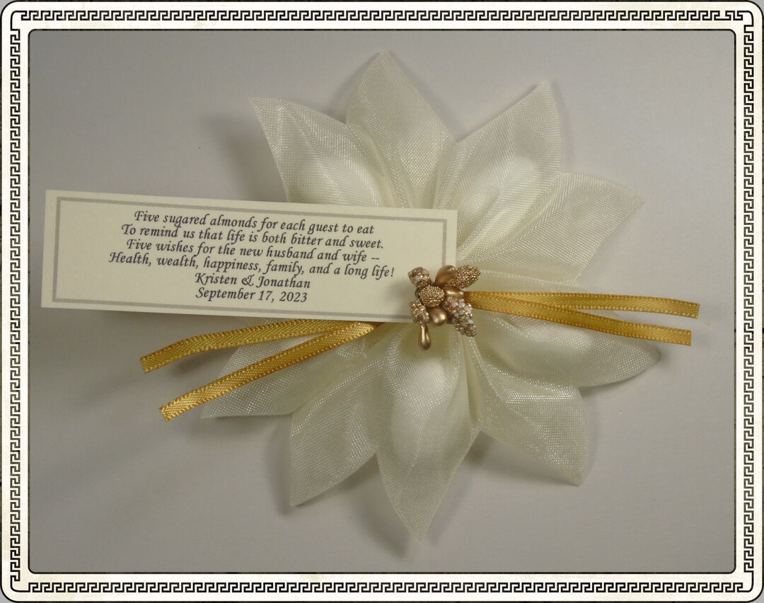 25 Ivory Jordan Almond Ribbon Flower Favors With Gold Berry Etsy