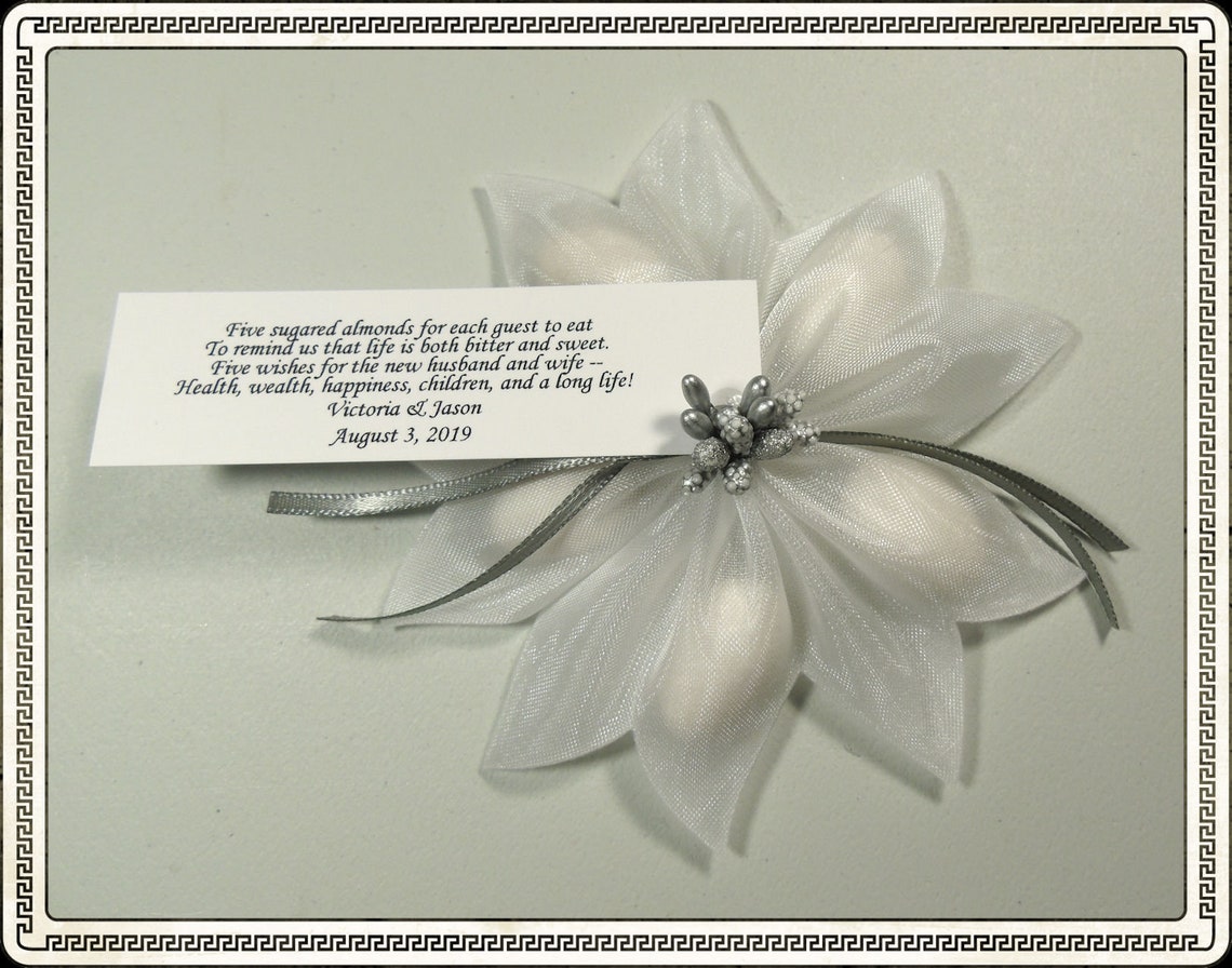 White Jordan Almond Ribbon Flower Favors With Silver Berry Etsy