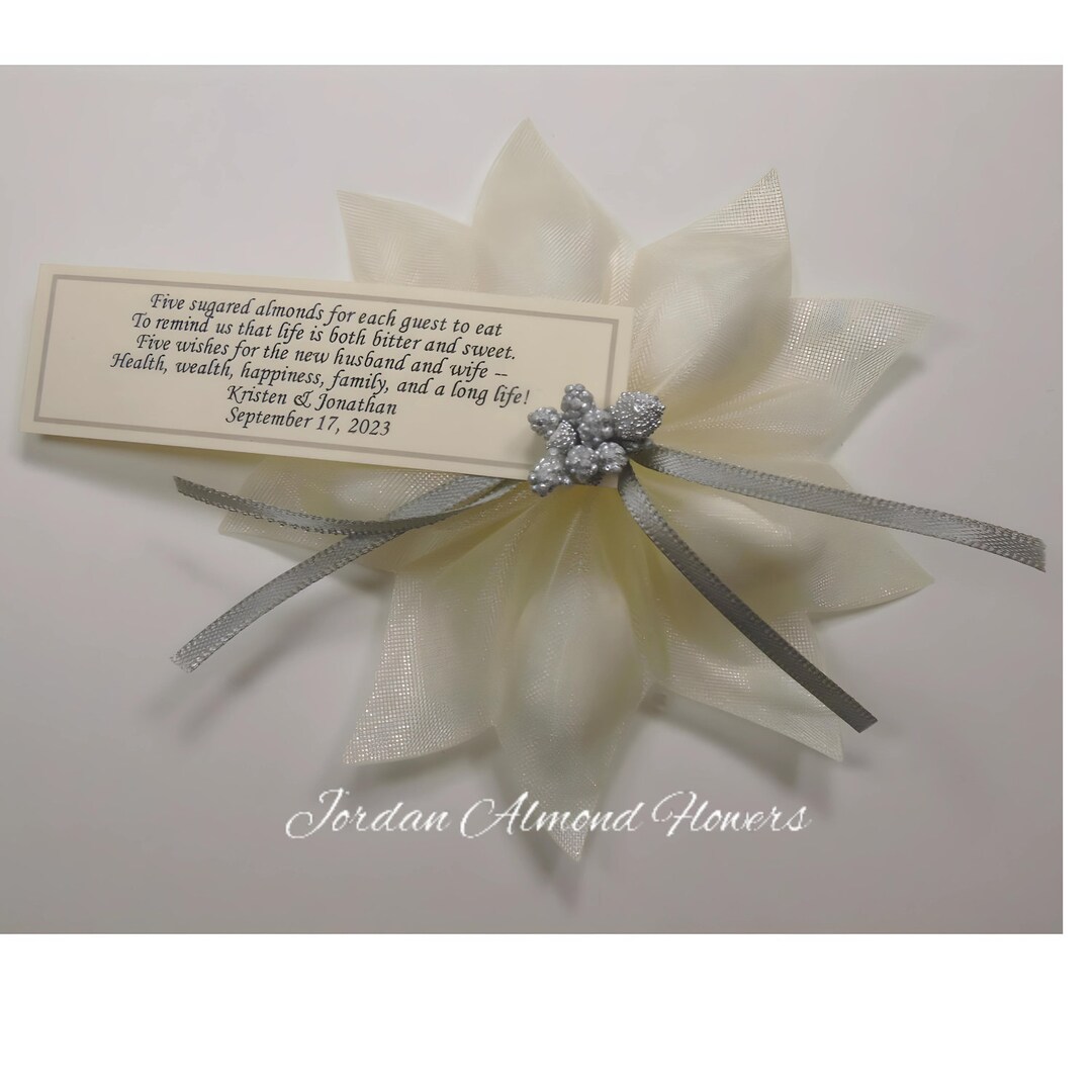 25 Ivory Jordan Almond Ribbon Flower Favors With Silver Berry Accent