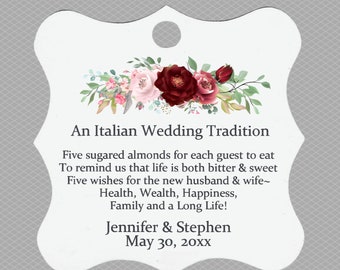 Jordan Almond Wedding Bridal Shower Favor Tag Italian Tradition Five Wishes Poem Personalized