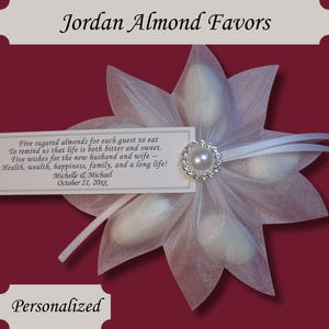 Jordan Almond Confetti Ribbon Flower Favors with Rhinestone Pearl Accent and Personalized Favor Tag Wedding Bridal Shower Favors