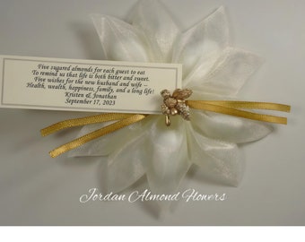 25 Ivory Jordan Almond Ribbon Flower Favors with Gold Berry Accent and Favor Tag Wedding Bridal Shower Favors